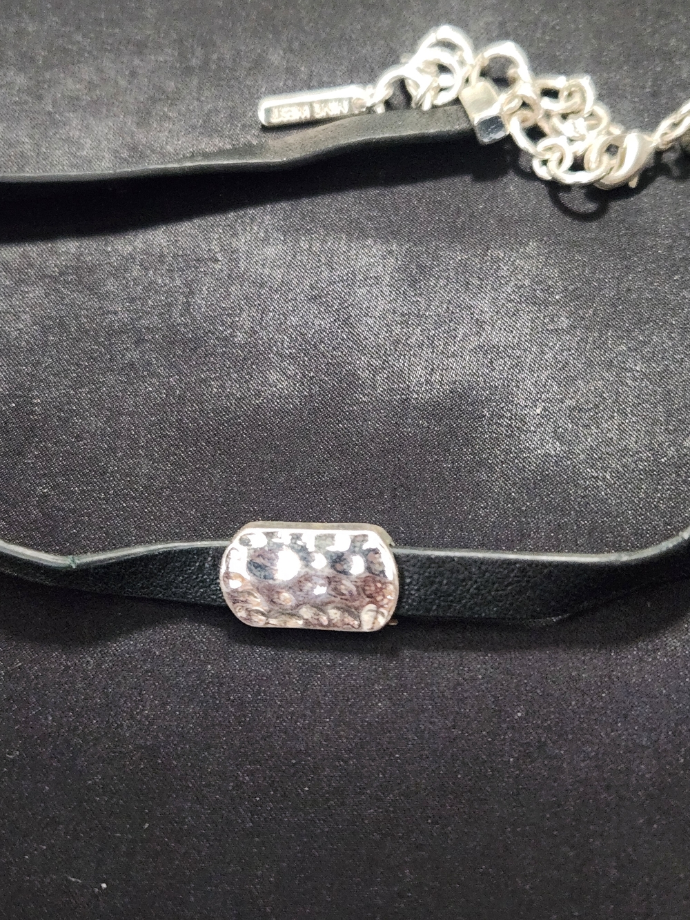Nine West Black Leather Choker with Textured Silver Accent
